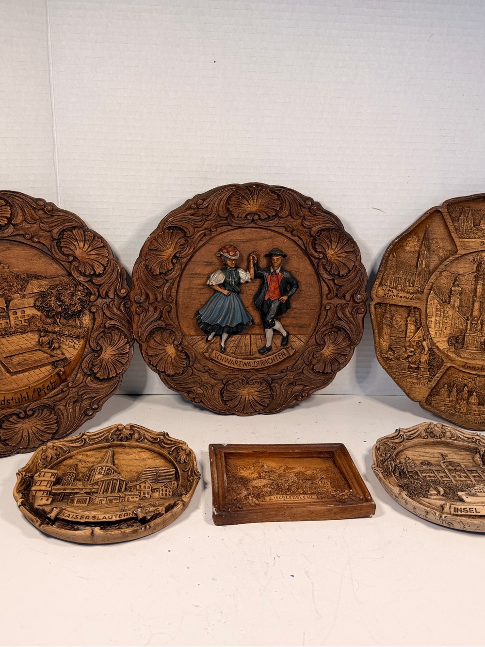 Vintage German and Austrian 3D Carved Wood
Resin Relief Souvenir Wall